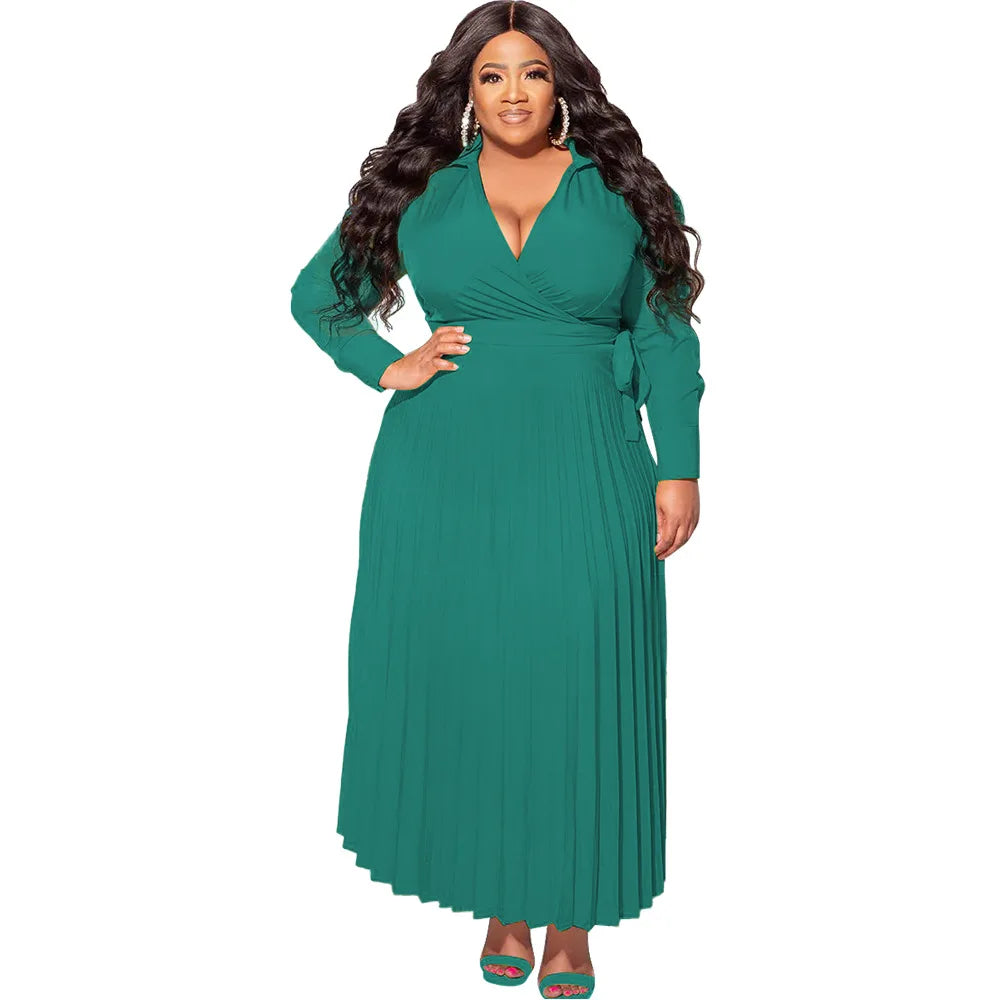 Women's Solid Plus Size V-Neck Tie Long-Sleeved Pleated Skirt