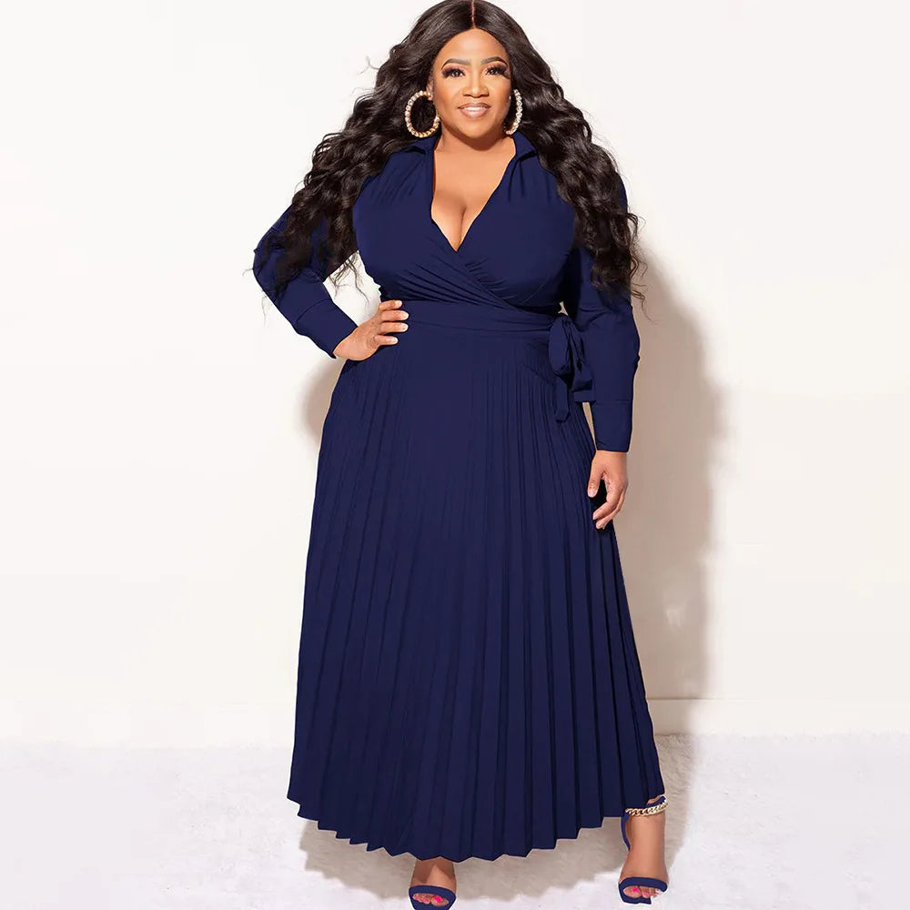 Women's Solid Plus Size V-Neck Tie Long-Sleeved Pleated Skirt