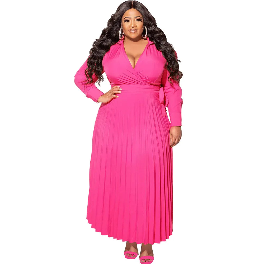 Women's Solid Plus Size V-Neck Tie Long-Sleeved Pleated Skirt