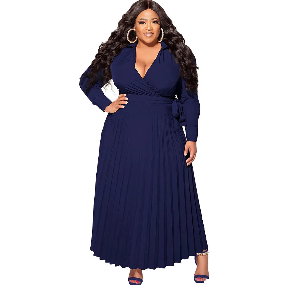 Women's Solid Plus Size V-Neck Tie Long-Sleeved Pleated Skirt