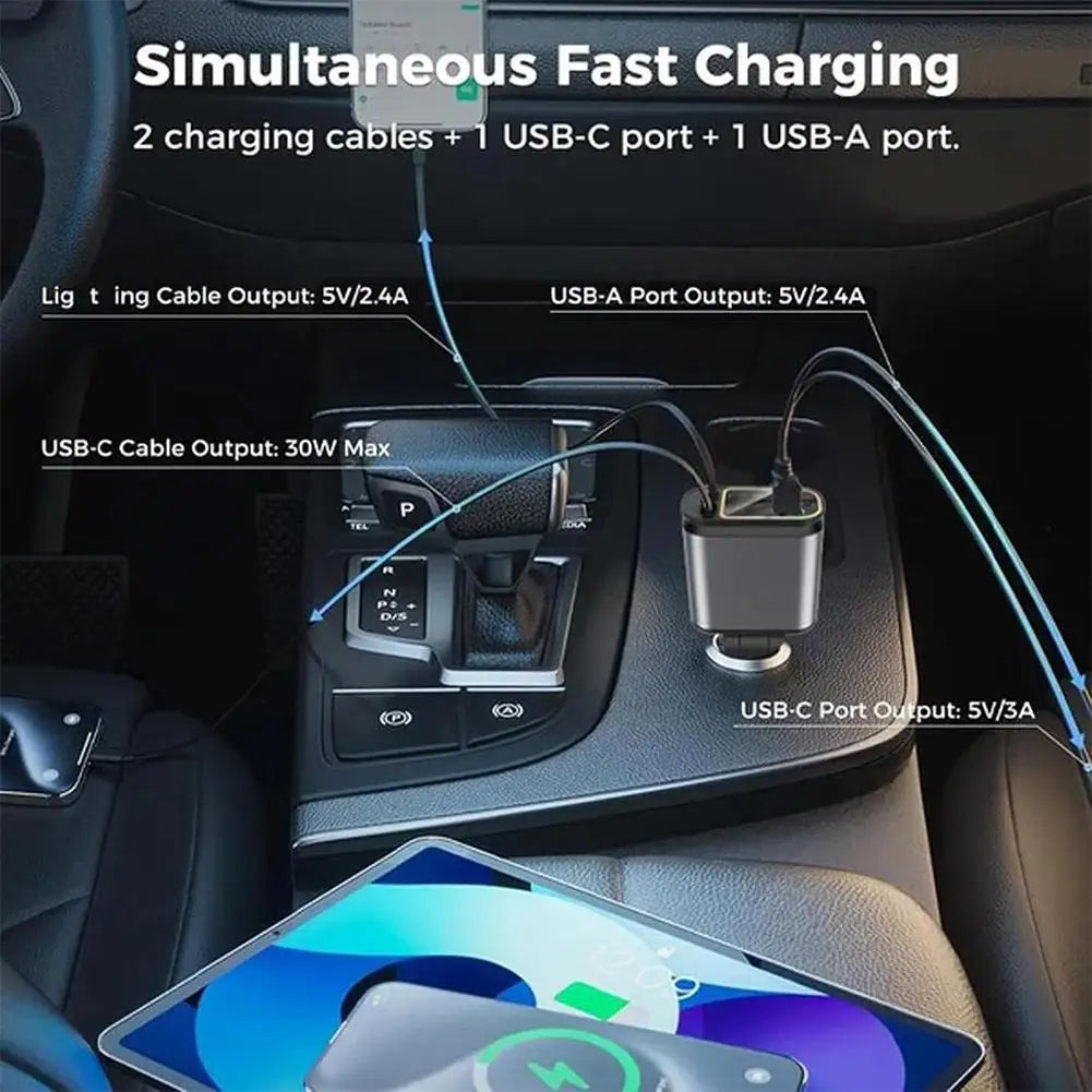 4 in 1 Retractable Car Charger 100w USB Type C